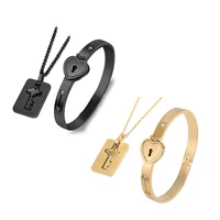 

Silver/Black/Gold Stainless Steel Jewelry Sets Heart Love Lock Bracelet Key Necklace For Couples Set Women Zircon Wedding Gift