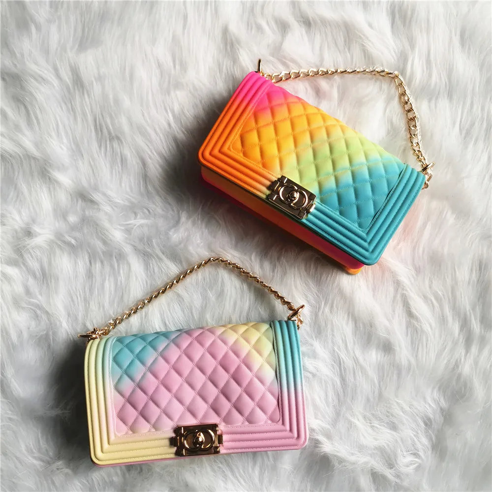 
TS9021 Sample free wholesale cheapest price fashion rainbow colorful Jelly purse and women handbags PVC jelly bags for women 