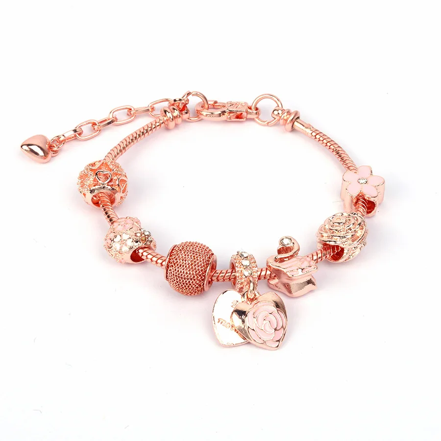 

Designer Jewelry Sweet Girly Style Rose Gold Pink Oil Drop Flower Beaded Bracelet Rhinestone Crystal Flower Heart Charm Bracelet, Accept customer