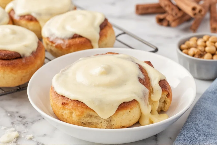 Perfectly baked golden brown cinnamon rolls with cream cheese frosting dripping down the sides on a white ceramic plate