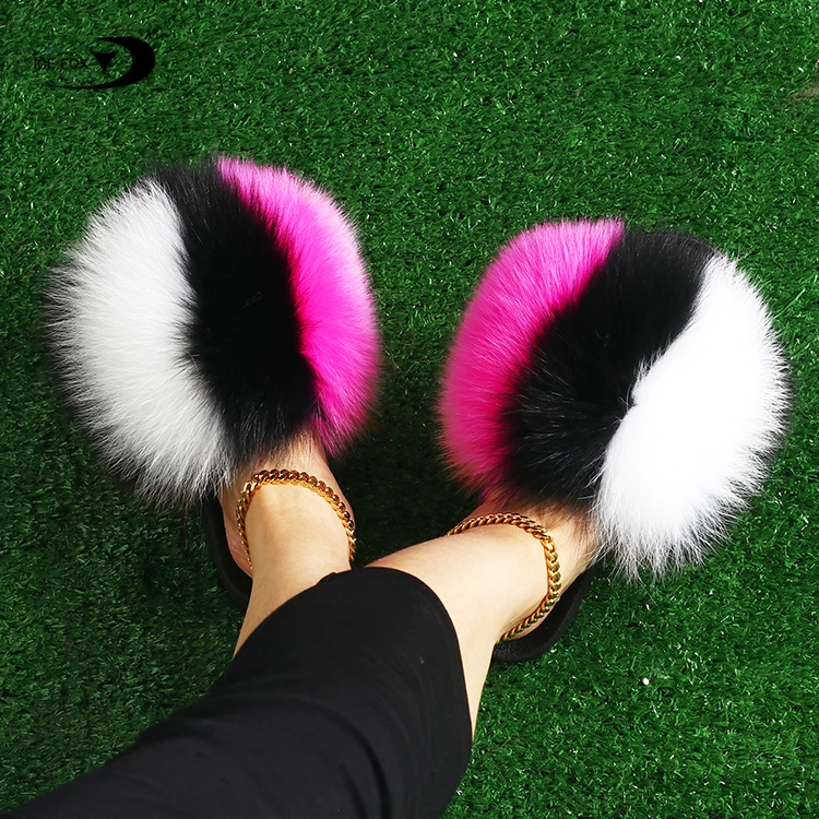 

Women Luxury Fox Fur Slides Wholesale Fuzzy Home Fluffy Furry Slides Cross 2 Strap Girls Fur Slippers, Customized color