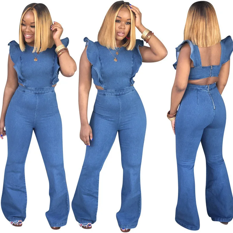

Ruffle Denim Flare Jumpsuit Women Bodycon Backless Jeans Wide Leg Bodysuit Female Sleeveless Summer Fashion Jumpsuit, Blue