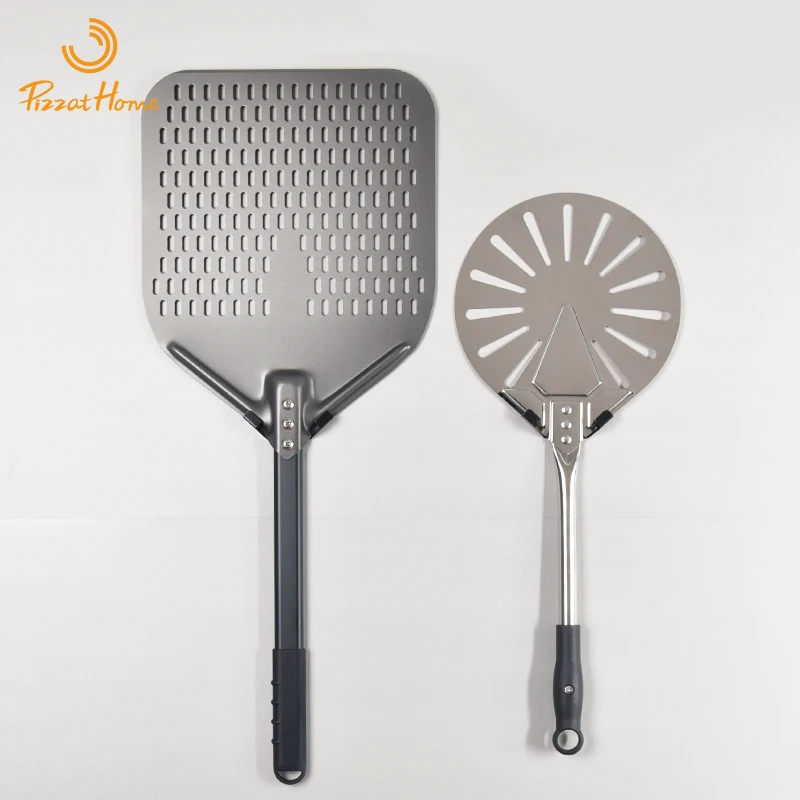 12" Hard Anodized Pizza Peel with Pizza Turning Shovel Set Perforated Rectangle Aluminum Pizza Peel Silicone Handle