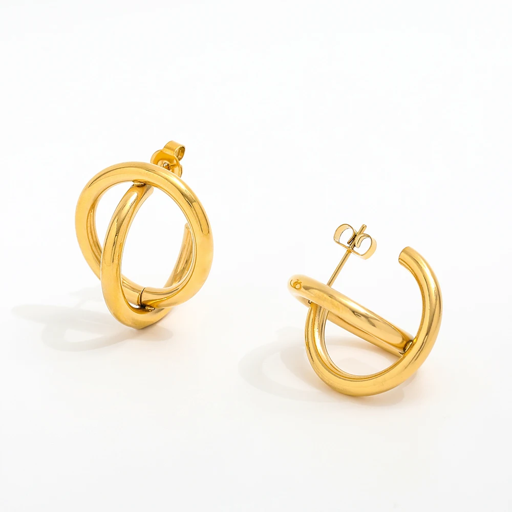 

New Trendy Earring 18K Gold Plated Two Circle Cross Hoop Earrings for Women Stainless Steel Earrings Wholesale