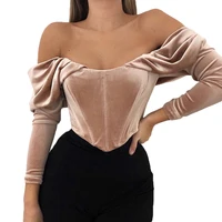 

Velvet Zipper Blouse Women Autumn Off Shoulder Vintage Long Sleeve Ruched Corset Style Tops Ladies Winter Sexy Cropped Shirt