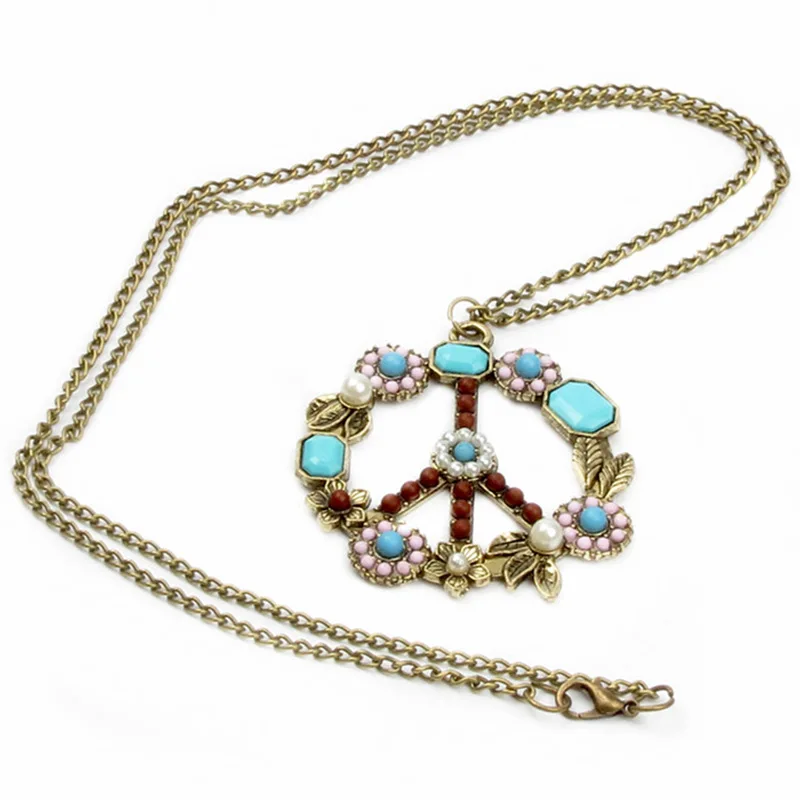 Long Hippie Colorful Retro Inlaid Beads Flower Peace Symbol Pendant Necklace Jewelry