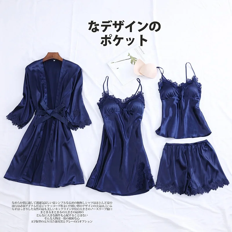 

4 Piece Set Erotic Silk Srtain Custom Print Sleepwear Bathrobe For Women