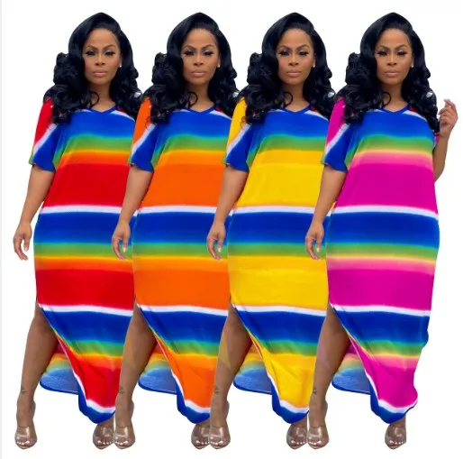 

Women clothing summer tie dye casual long dresses printed stripe rainbow long dress, 4 colors