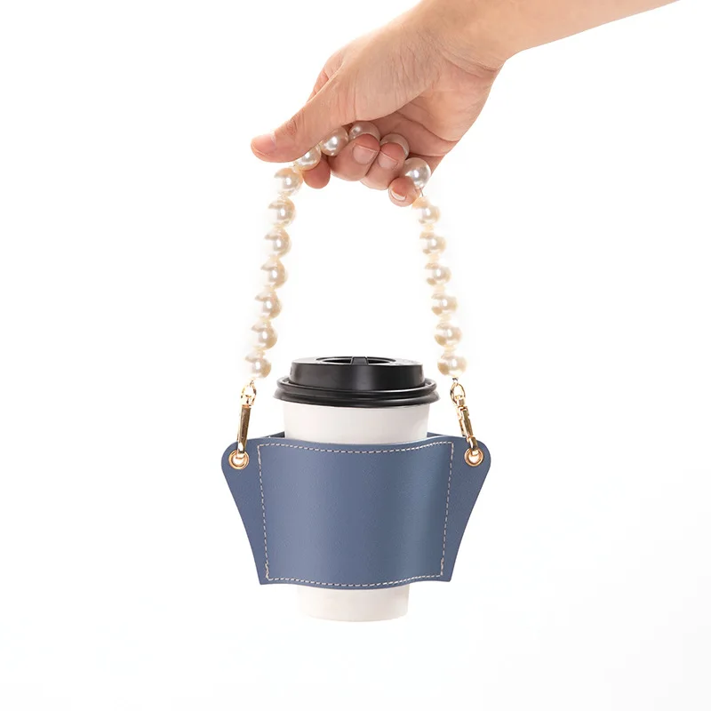 

Hot Selling Popular Removable PU Leather Cup Cover Portable Pearl Chain Convenient Sleeve Holder Cup Cover