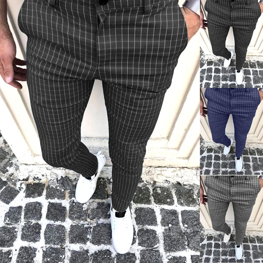 

Men Plaid Casual Pencil Long Pants New Fashion Zipper Button Check Printed Summer Spring Gentleman Business Trousers