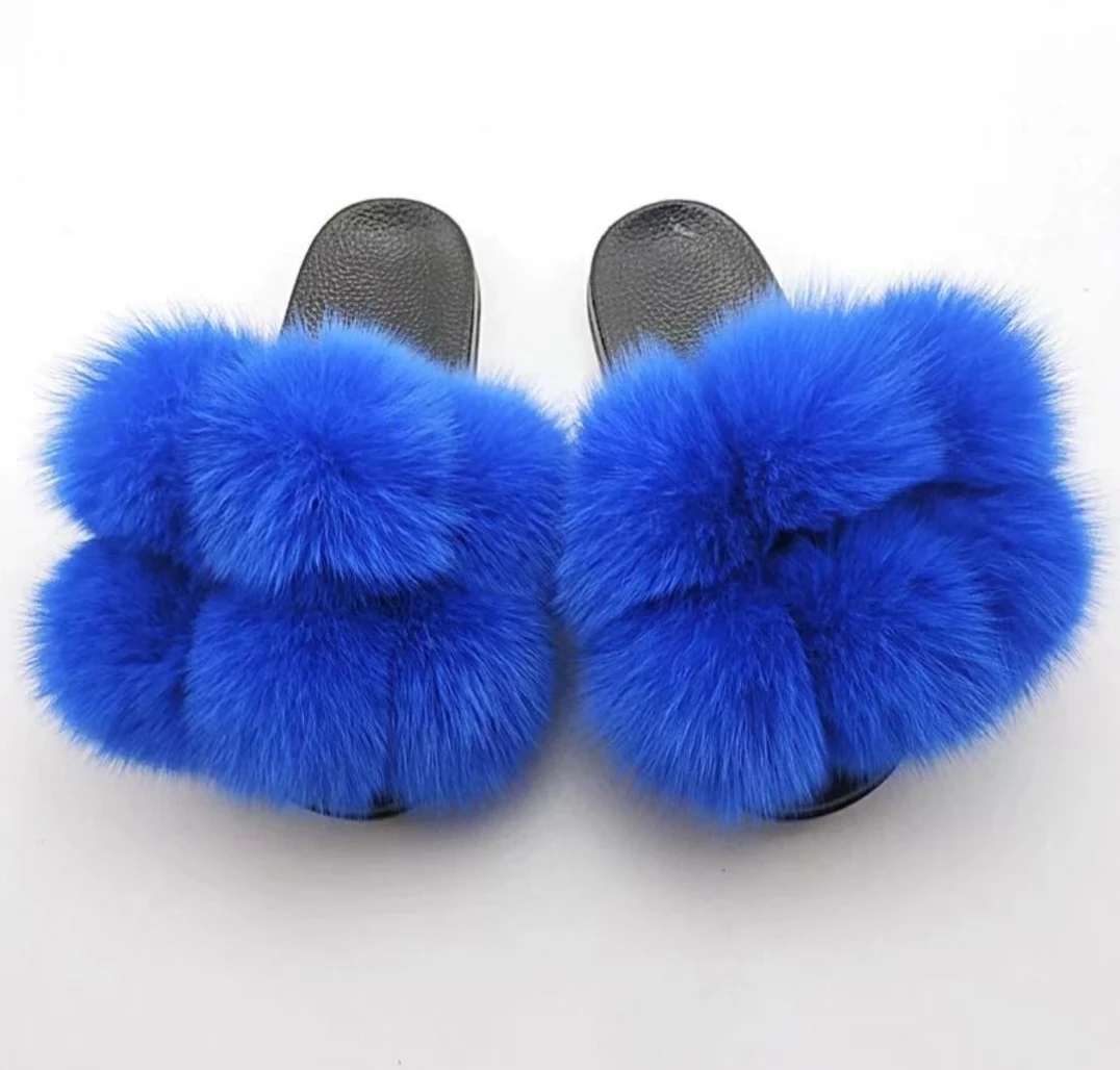 

Real fox fur fashion slippers solid color summer women's slippers