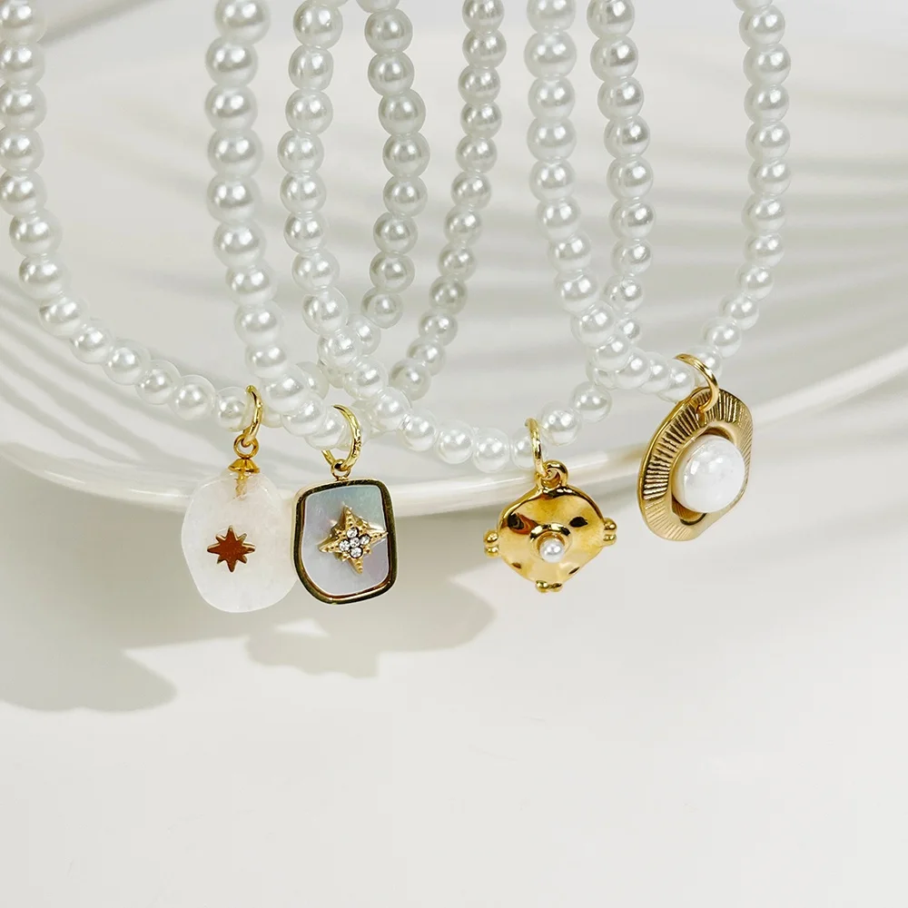 

N0530 18k gold plated stainless steel beaded pearl star necklace women pearl necklaces with pendants minimalist jewelry