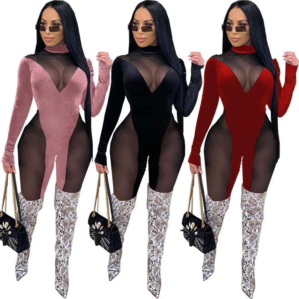 

B63561A Wholesale Autumn 2020 long Sleeve Front Mesh One Piece Bodycon Jumpsuits Women 2020 Jumpsuits, Black/red/pink