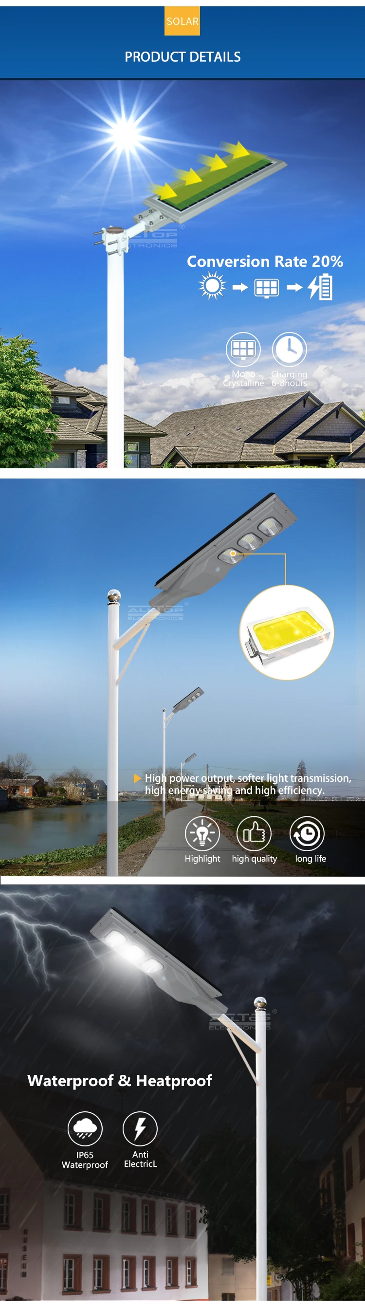 ALLTOP High efficiency solar powered panel outdoor 30w 60w 90w 120w 150w all in one led street lamp