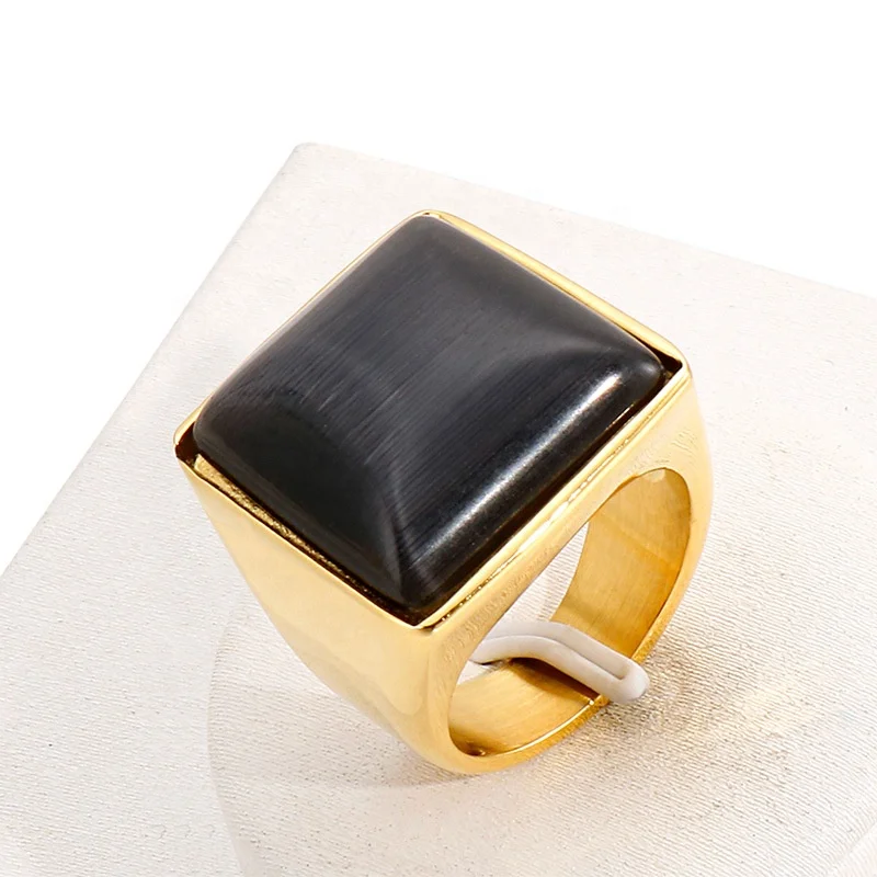 

2020 New Fashion 18K Gold Ring Cool Minimalist Couple Ring Natural Color Gemstone Women's Men's Ring Jewelry Black Stone, Picture shows