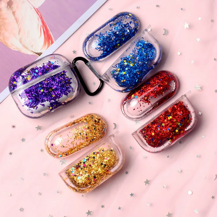 

Amazon Trendy Girly Cute Luxury Bling Bling New Custom Liquid Glitter Shockproof Earphone Phone Case For AirPods 1 2 Pro, Clear