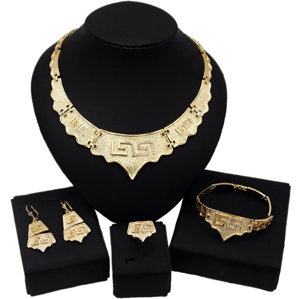 

Yulaili Geometric Pattern Necklace Bracelet Earrings Ring 4pc Jewelry Set Brass Gold Plated French Popular Graceful Jewelry Sets
