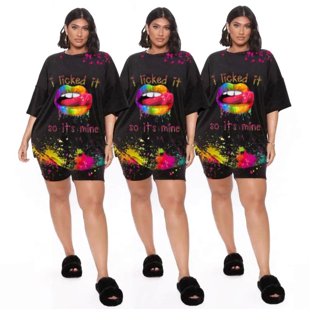 

Custom Logo 2021 big size women's fashion tie dye lip print two piece set