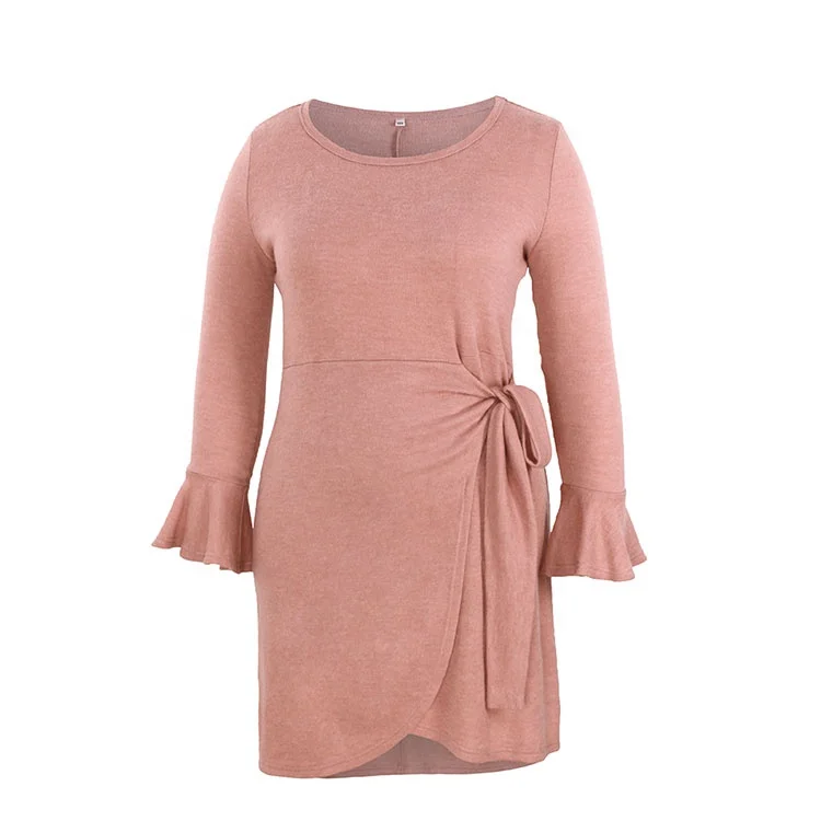 

Wholesale Fashion High Quality Women Solid Flounce Plus Size Knotted dress, 3 colors as pics