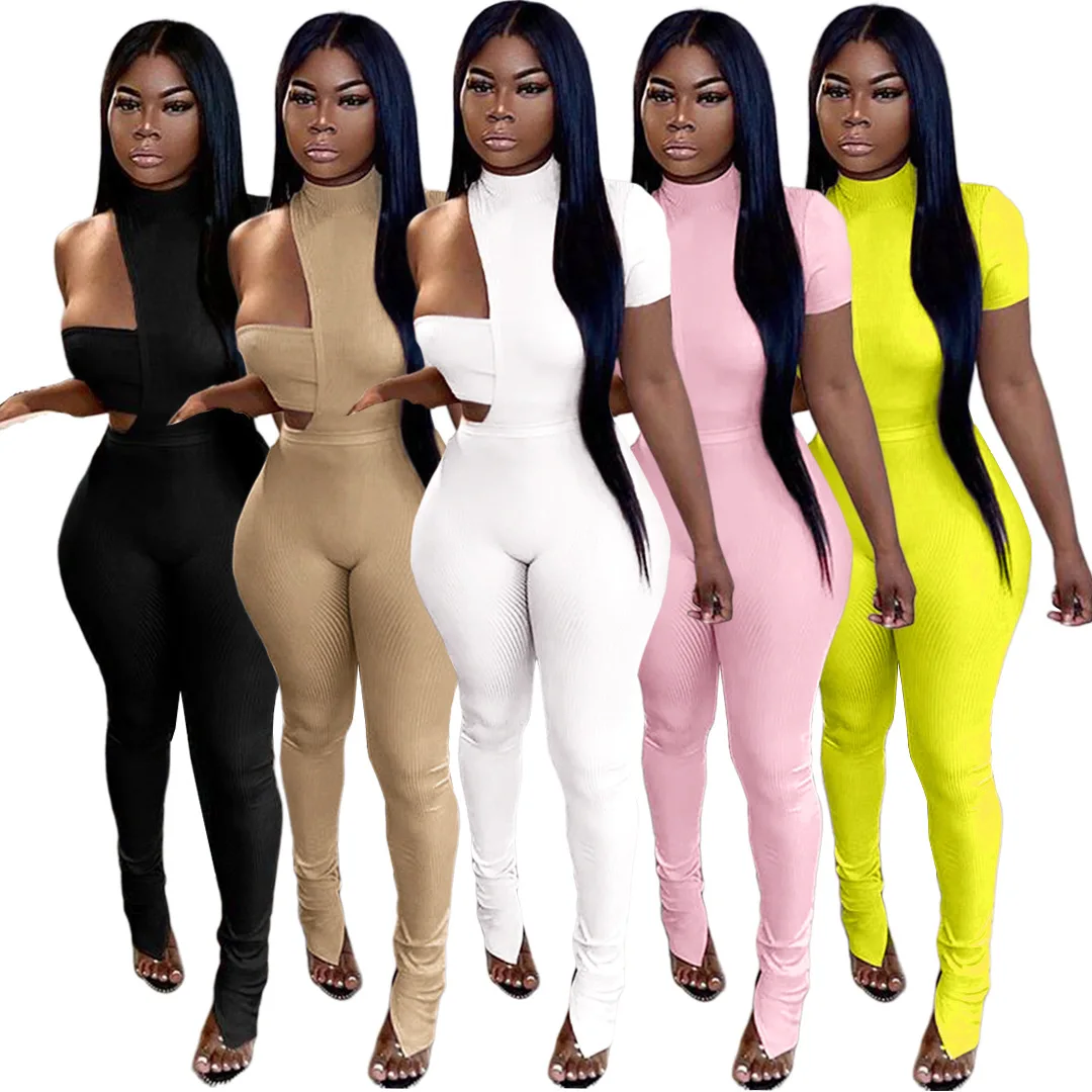 

New Trendy Women's solid color left side short sleeve right waist hollow sleeveless irregular stacked pant women Three Piece Set, As picture or customized make