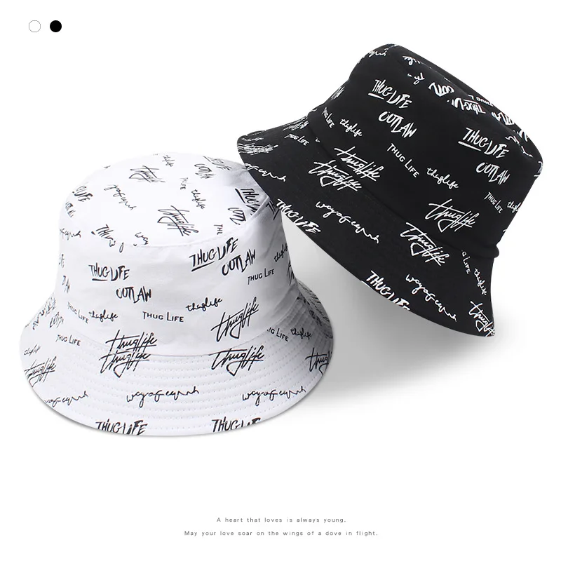 

wholesale new arrival black white cotton double sided embroidery fisherman ladies sunshade hats men outdoor graffiti bucket hat, Mix colors