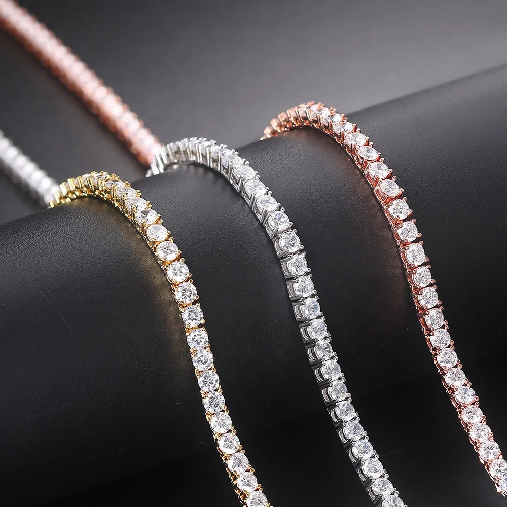 

18K Gold Plated Classic Luxury Shiny 3mm 4mm CZ Zircon Stone Hip Hop Spring Clasp Tennis Choker Chain Iced Out Necklace Jewelry, Gold/silver/rose gold