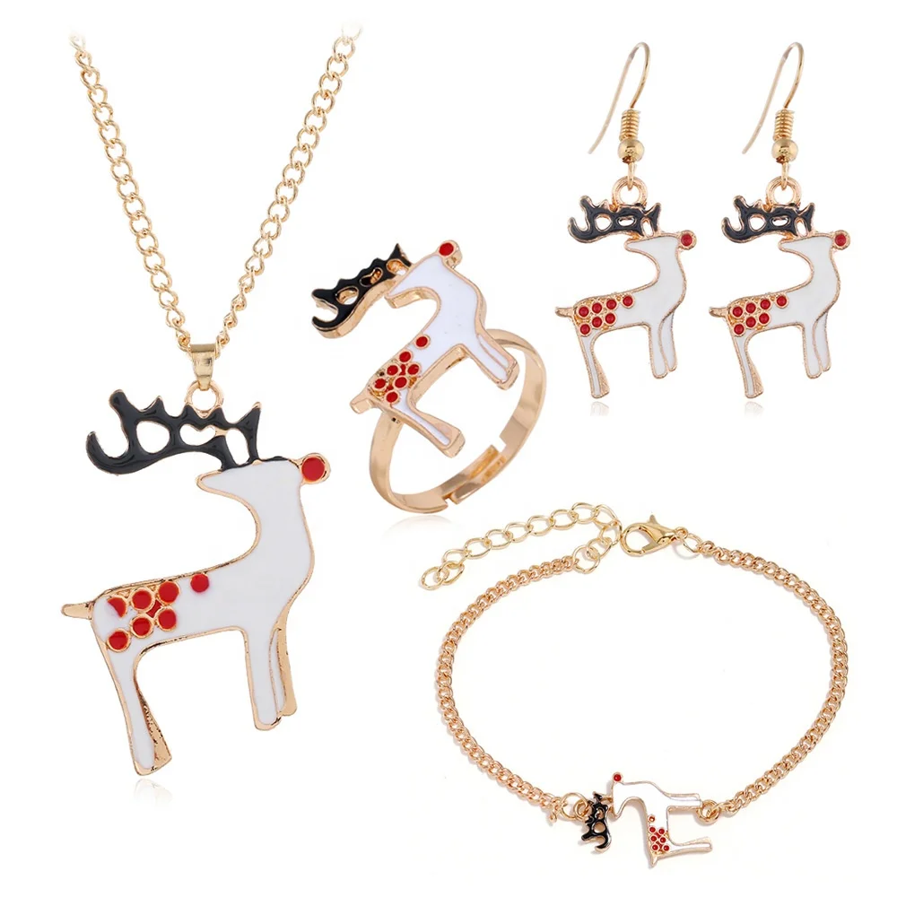 

Christmas Gift Deer Caladium Fashion 14K Gold Filled Plated Alloy Necklace Earring Ring Jewelry Set