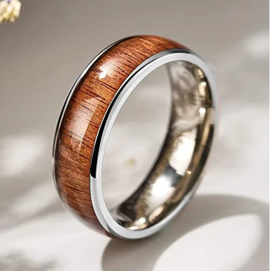 

Foreign Trade Set of Titanium Steel and Acacia Wood Inlaid Rings Fashionable Tungsten Stainless Steel Rings Popular Accessories