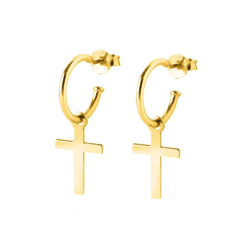 

high polish party jewelry 18k gold plated simple dangling earrings 925 sterling silver cross drop earrings women