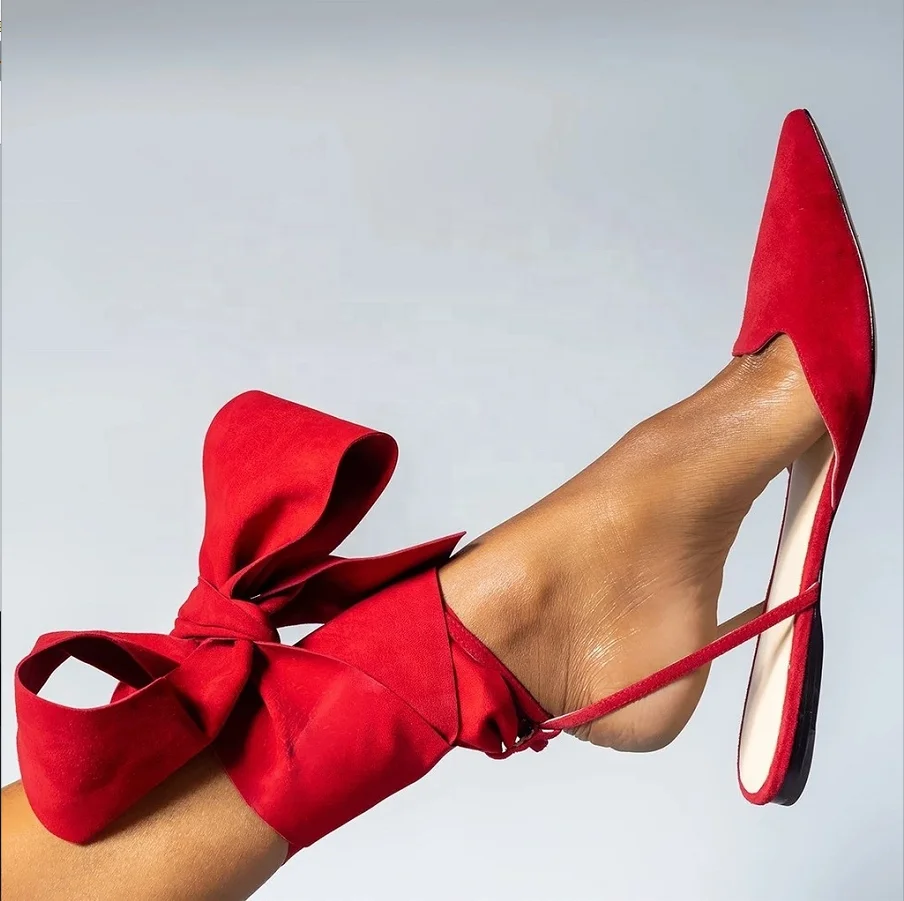 

New Arrivals Women Shoes 2021 Spring Summer Collections Big Bow Lace Up Pointed Toe Red Suede Women Flat Dress Shoes, Red/black