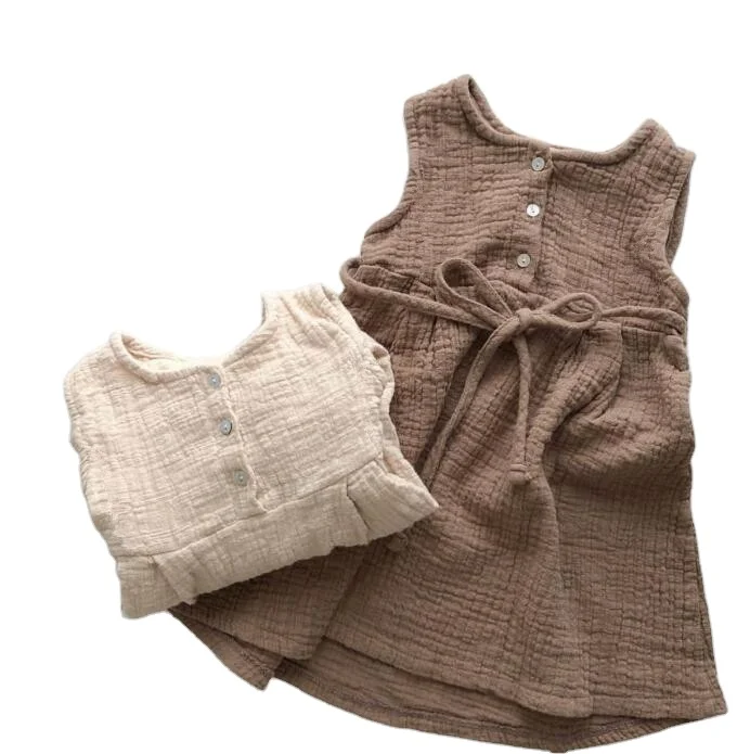 

Summer Baby Clothing Kids Linen Cotton Gown Ruffles Baby Girls Cute Dress Sleeveless Baby Dresses Wholesale, Customs colors