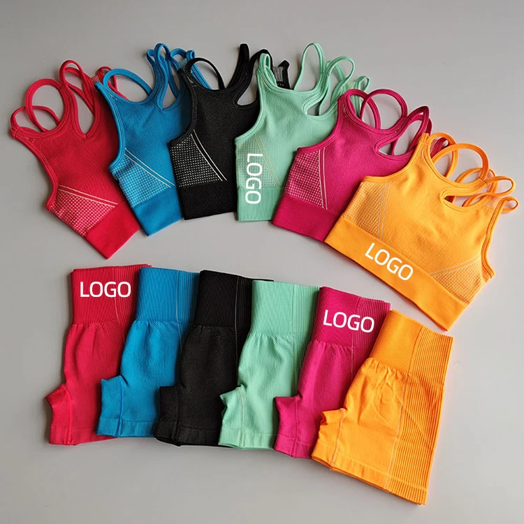 

Activewear Two Piece Women Gym Seamless Yoga Set Sport Suit Fitness Clothing Workout Ribbed High Waist Yoga Set With Logo