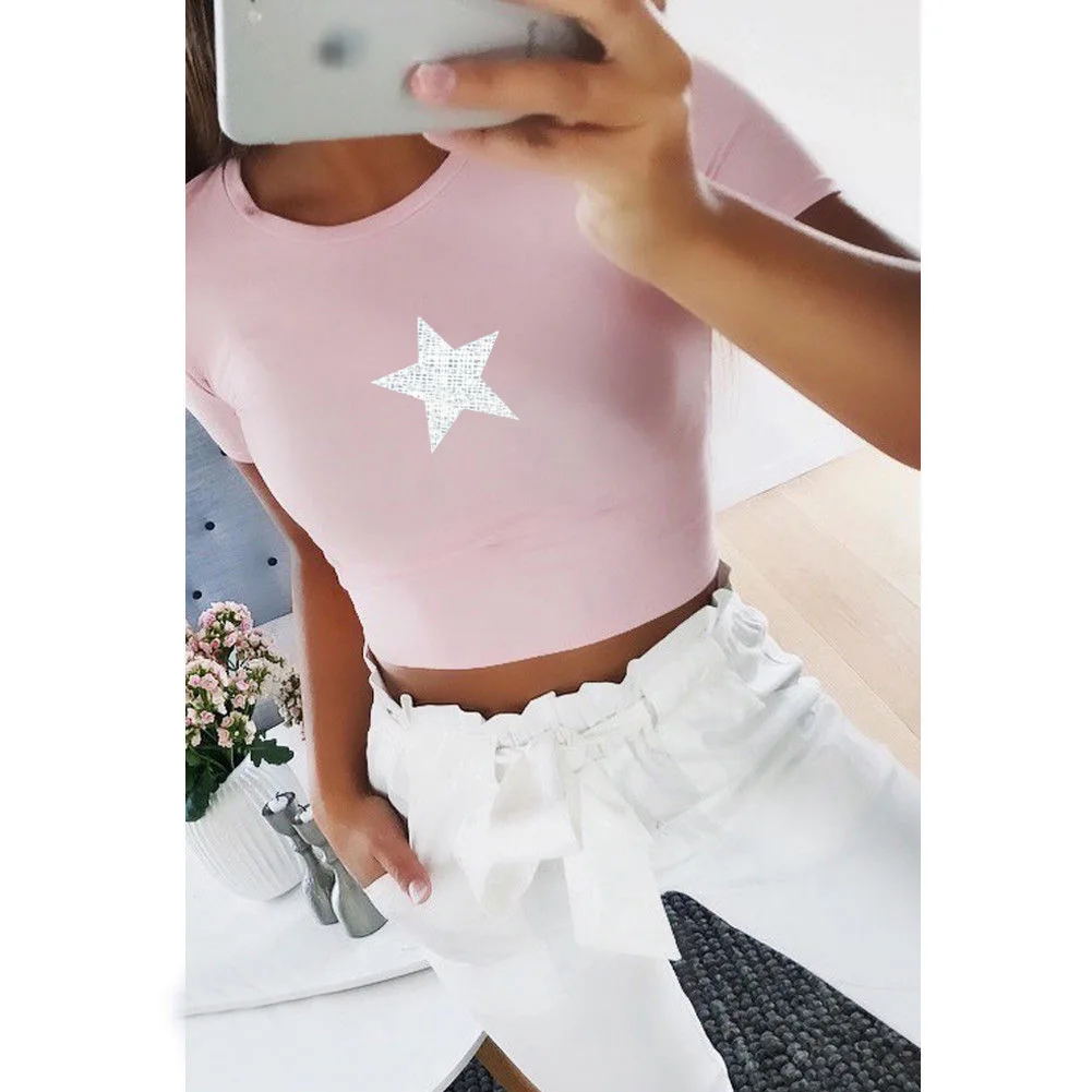 

Best Price Hot Style Summer Star Print Short Sleeved Slim T-shirt Women Crop Tops