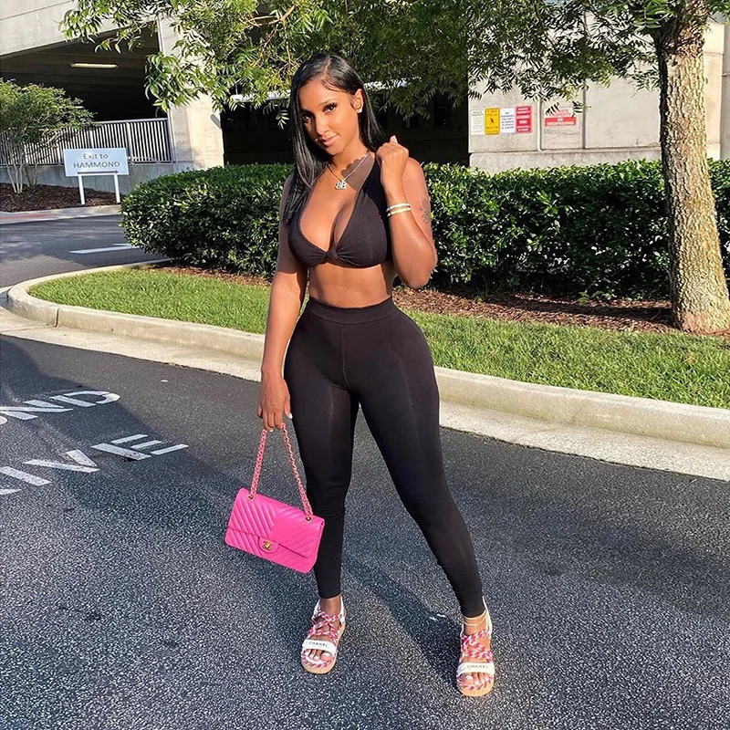 

2021 summer Sexy Deep V Neck bra and legging Women Trouser Set 2 two piece pant set