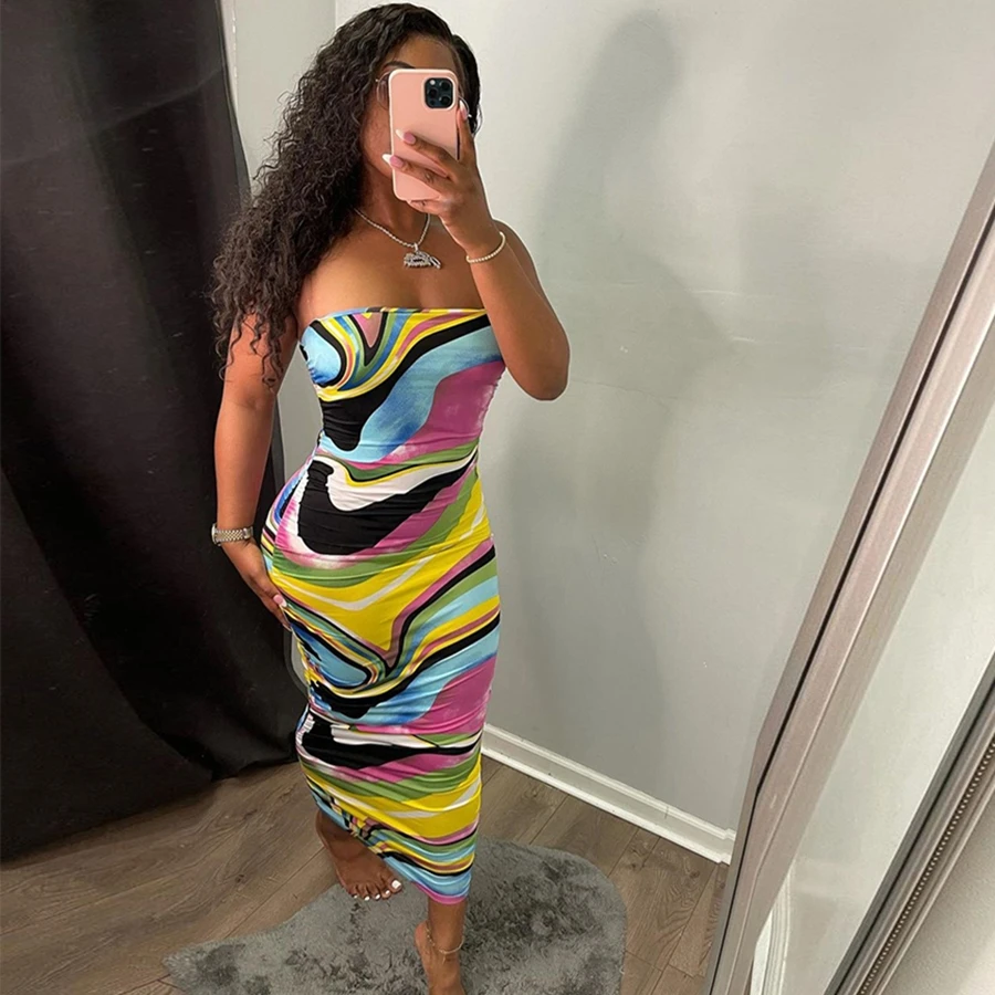 

Nibber K21D02394 Summer Strapless Colorful Stripe Sleeveless Bodycon Maxi Long Dress Women 2021, Customized color