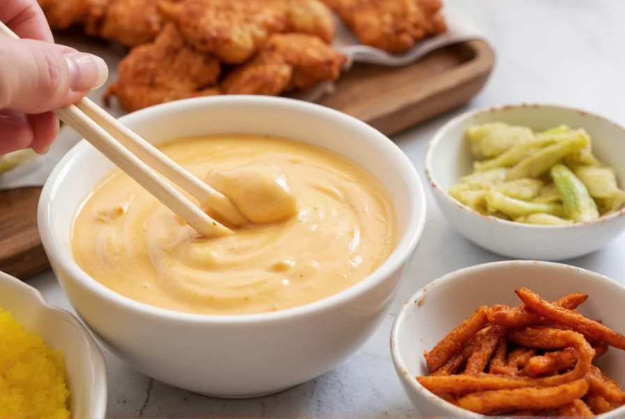 Homemade garlic sriracha mayo in small bowl with chopsticks and various dipping options arranged around it