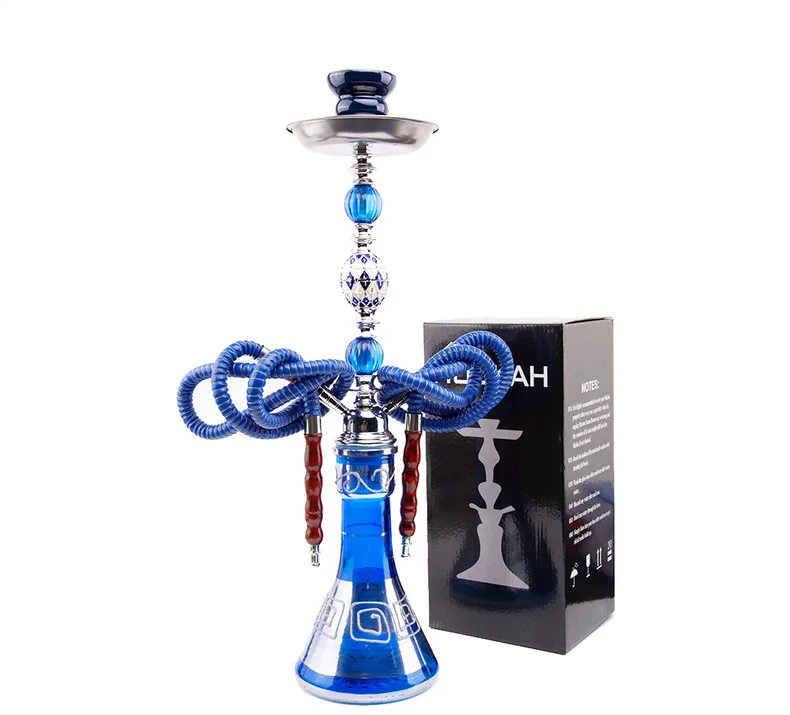 

Factory direct sale shesha hookah metal glass vase diamond double hose black and blue finished chicha hookah set, Black,blue