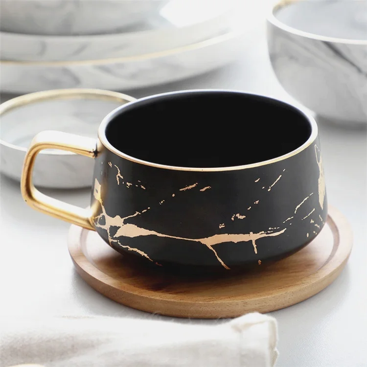 

High end drinkware unique latte coffee cups porcelain gold rim cup and saucer for American, Black color