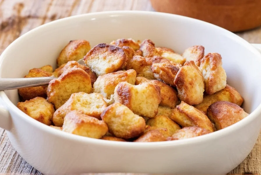 Perfectly baked cinnamon roll french toast casserole with golden crust and melted glaze dripping down the sides in a ceramic baking dish