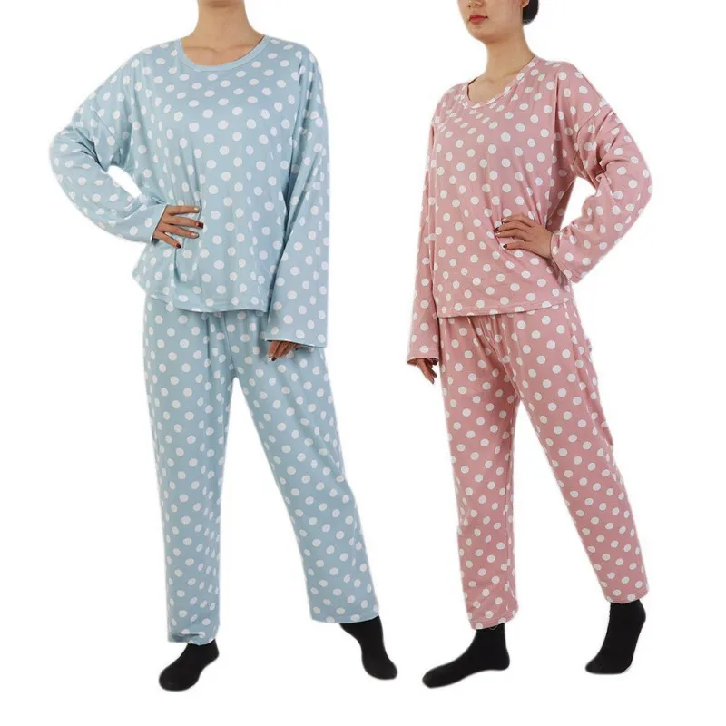 

Women Lovely Autumn Cute Wave Dot Print Cotton Top Long Pants Sleepwear Long Sleeved Pajama Set