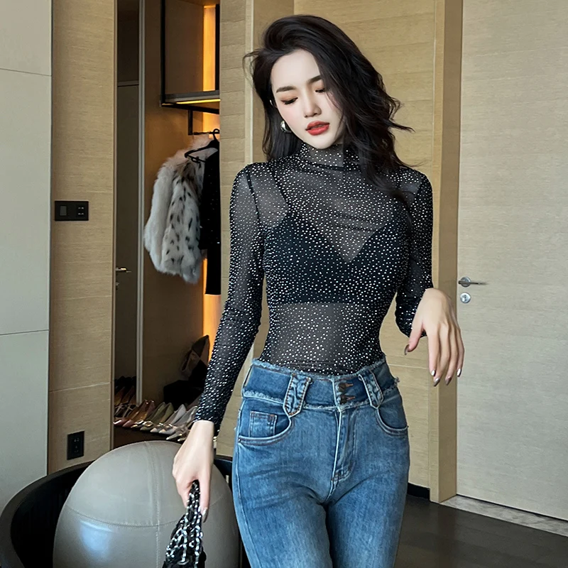 

ZYHT 9726 Rhinestone Embellished Shiny Black Women's Mesh See-Through Top Mock Neck Transparent Blouse & Shirt