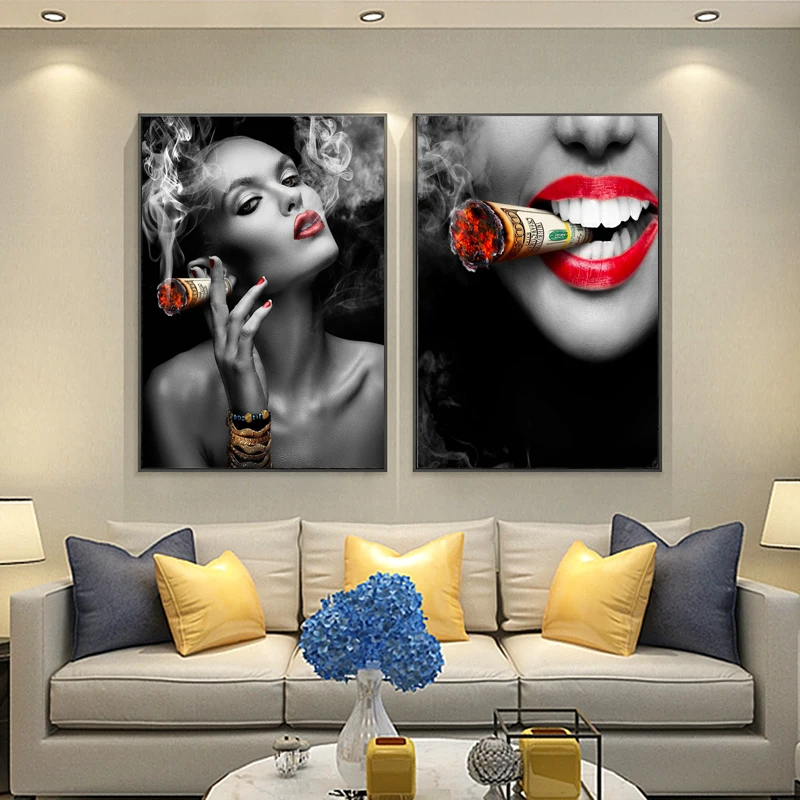 Modern Wall Art Sexy Red Lips Hot Women Smoking Dollar Canvas Painting ...