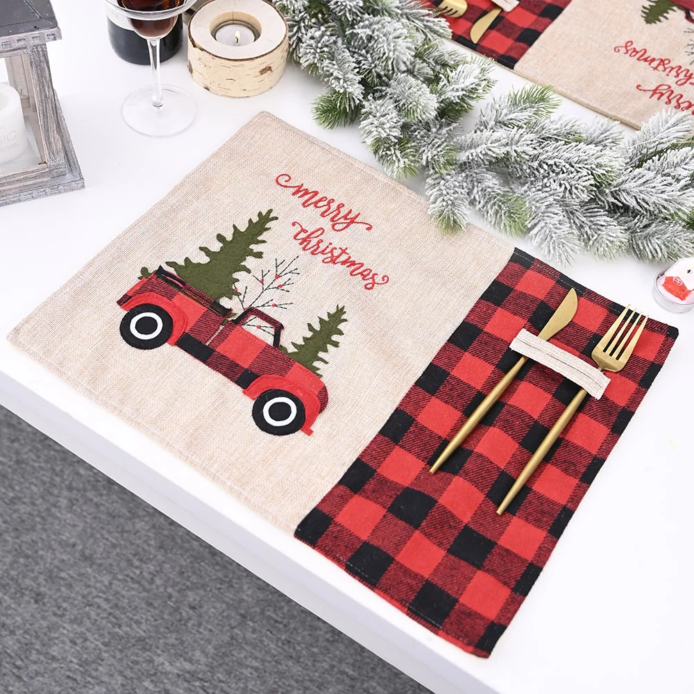 

HB-808 New Christmas Placemats Cotton Burlap cartoon car pattern Christmas Table Decorations