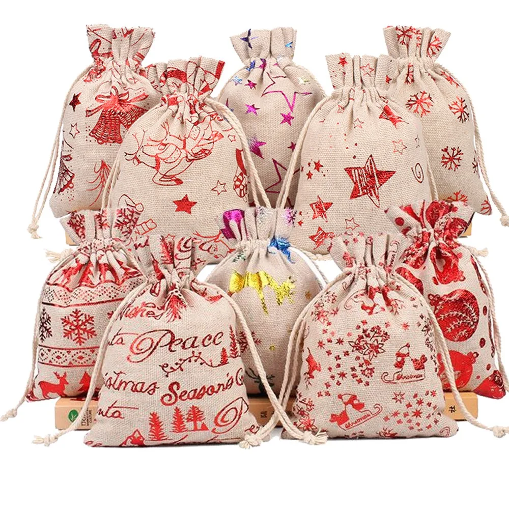 

Christmas Printed Cotton Canvas Muslin Gift Bags Christmas Candy Decoration Bag with Drawstring for Presents, Cotton and linen