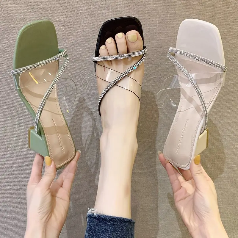 

Summer new women's thick with slippers transparent shoes square head half slippers ladies heel sandal, White,black,green