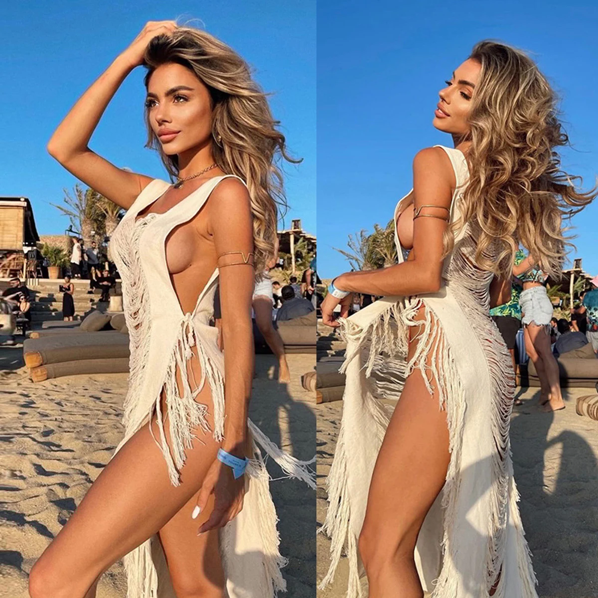 

JS6530 summer 2022 hollow out white straps knitted tassel cover ups maxi beach dresses women sexy boho crochet fringed dress, As shown