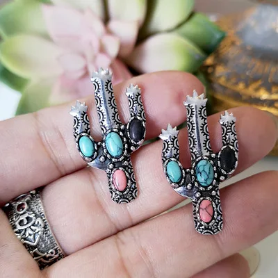 

Antique Silver Plated Cactus Turquoise Drop Earrings, As pictures show