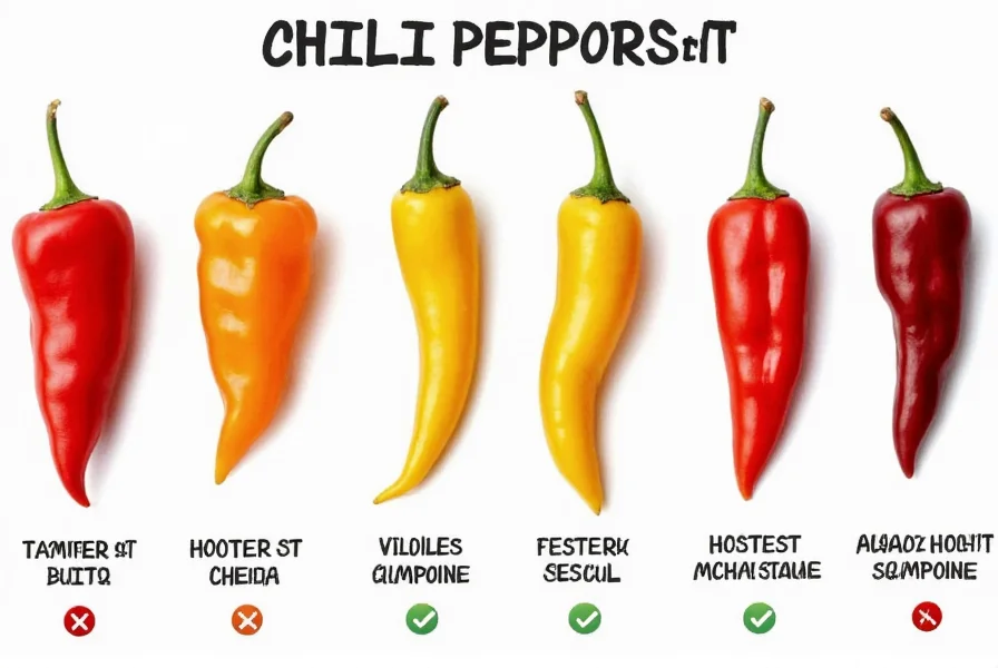 Visual comparison of common chili peppers arranged from mildest to hottest with corresponding Scoville scale measurements