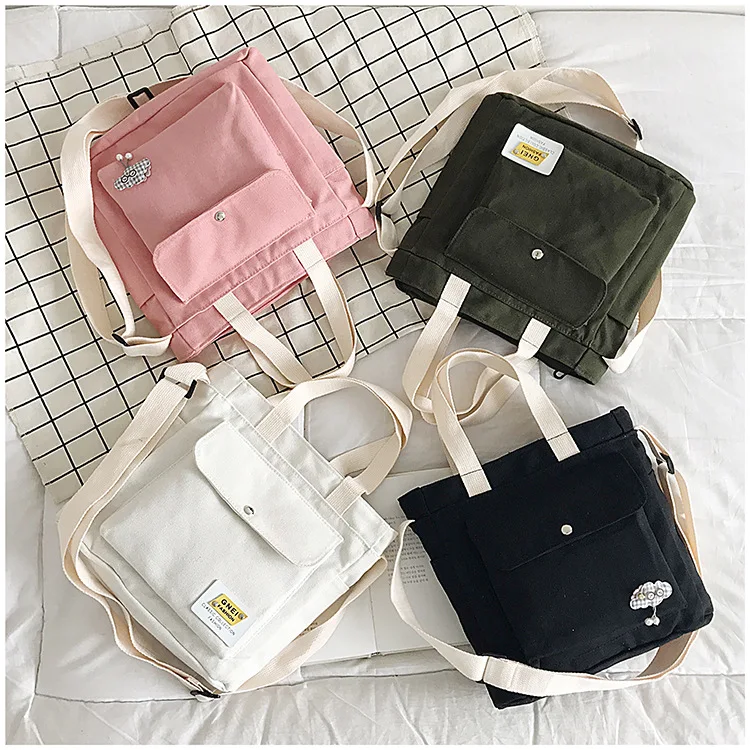 

Autumn and Winter New All-match Large Capacity Canvas Cotton One Shoulder Messenger Tote Bag, Black, white, pink, green