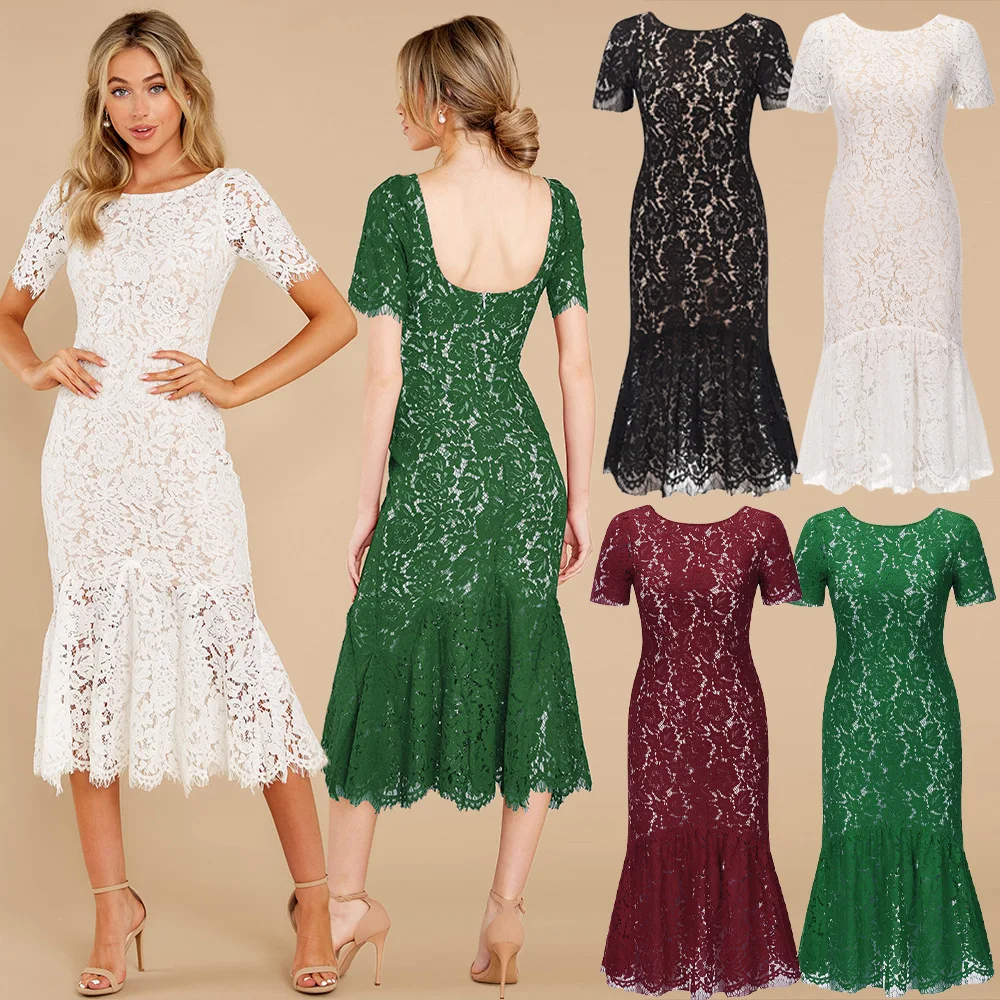 

HIgh Quality Lace Floral Sexy Dresses Opening Ceremony Clothing Short Sleeve Backless Evening Dresses party dress